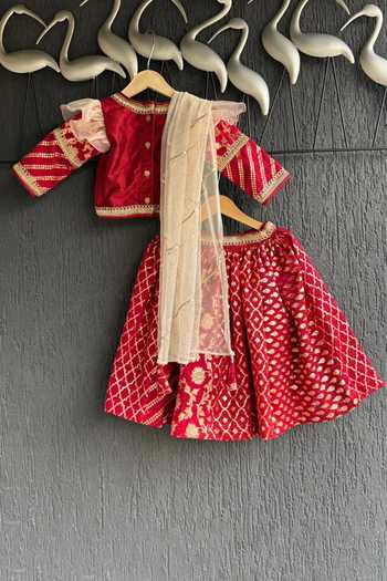 Shop The little tales Red Silk, Cotton, Organza, Net Stripe Pattern Lehenga And Blouse Set at Aza Fashions Shop_The little tales_Red Silk, Cotton, Organza, Net Stripe Pattern Lehenga And Blouse Set _at_Aza_Fashions