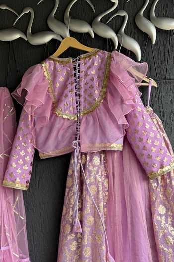 Shop The little tales Purple Silk, Cotton, Organza Flower Woven Lehenga Set at Aza Fashions Shop_The little tales_Purple Silk, Cotton, Organza Flower Woven Lehenga Set _at_Aza_Fashions