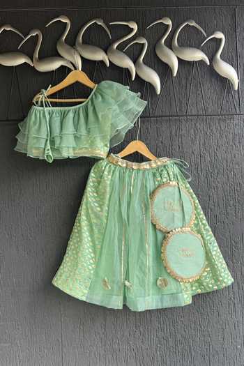 Shop The little tales Green Silk, Cotton, Organza One Shoulder Blouse Lehenga Set at Aza Fashions Shop_The little tales_Green Silk, Cotton, Organza One Shoulder Blouse Lehenga Set _at_Aza_Fashions