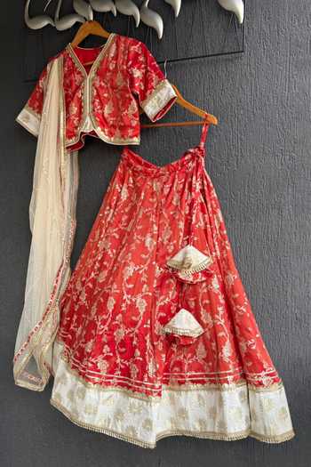 Shop The little tales Red Silk, Cotton, Chanderi, Net Lotus Woven Lehenga Set at Aza Fashions Shop_The little tales_Red Silk, Cotton, Chanderi, Net Lotus Woven Lehenga Set _at_Aza_Fashions