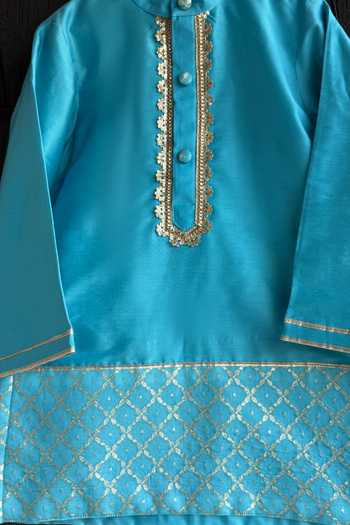 The little tales_Blue Silk, Cotton Kurta Set _Online_at_Aza_Fashions