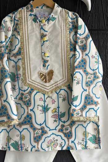 The little tales_Off White Silk, Cotton Butterfly Print Kurta Set _Online_at_Aza_Fashions