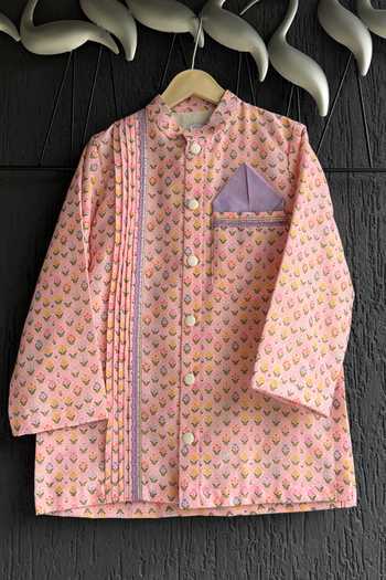 The little tales_Pink Silk, Cotton Flower Print Kurta Set _Online_at_Aza_Fashions