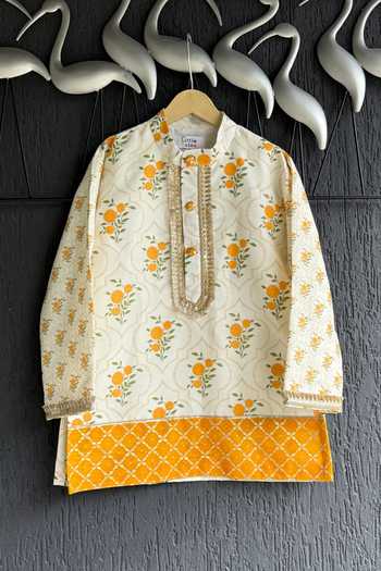 The little tales_Off White Silk, Cotton Marigold Print Kurta Set _Online_at_Aza_Fashions