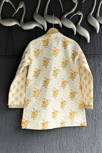 Shop_The little tales_Off White Silk, Cotton Marigold Print Kurta Set _Online_at_Aza_Fashions