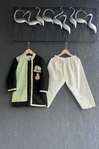 The little tales Dark Green Velvet Kurta Set 
