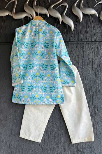 The little tales Embroidered Blue Kurta Set 