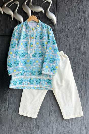 The little tales_Blue Silk, Cotton Embroidered Kurta Set _Online_at_Aza_Fashions