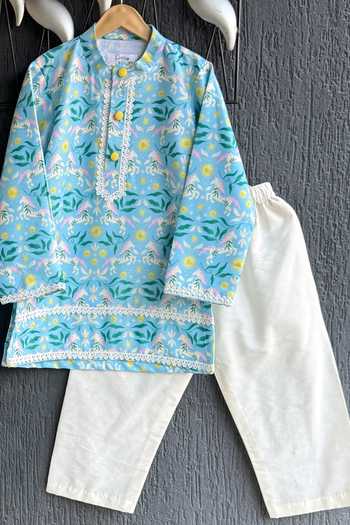 The little tales Embroidered Blue Kurta Set 