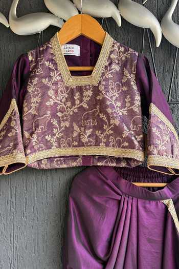 Shop_The little tales_Purple Silk, Cotton, Chanderi Zari Embroidered Blouse And Skirt Set _Online_at_Aza_Fashions