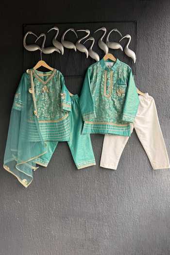 The little tales_Green Chanderi Embellished Kurta Set _Online_at_Aza_Fashions