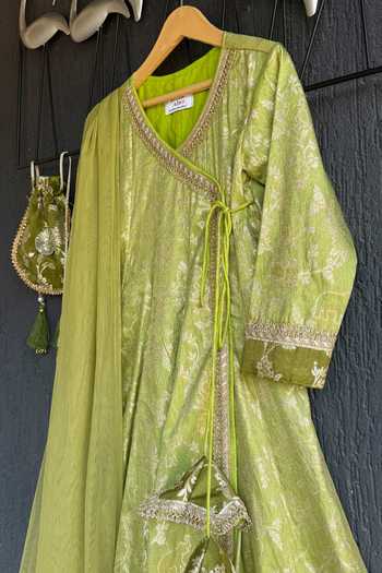 The little tales_Olive Green Chanderi Embroidery, Tassels Anarkali With Dupatta _Online_at_Aza_Fashions