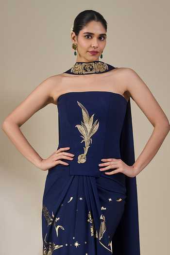 Masaba_Blue Silk, Crepe Zari Bandeau Neck Cosmic Birdsong Corset Set _Online_at_Aza_Fashions