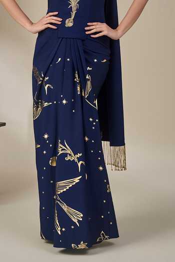 Buy_Masaba_Blue Silk, Crepe Zari Bandeau Neck Cosmic Birdsong Corset Set _Online_at_Aza_Fashions