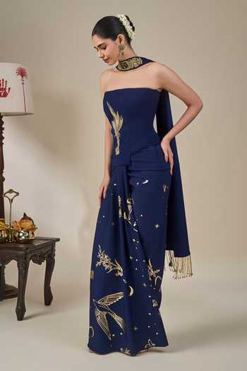 Shop_Masaba_Blue Silk, Crepe Zari Bandeau Neck Cosmic Birdsong Corset Set _Online_at_Aza_Fashions