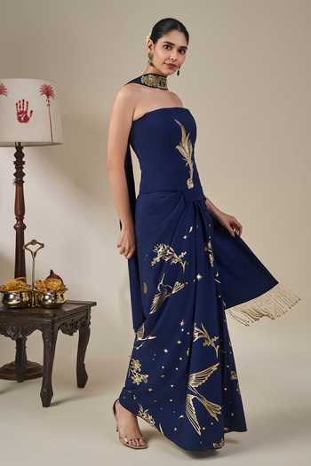 Masaba_Blue Silk, Crepe Zari Bandeau Neck Cosmic Birdsong Corset Set _at_Aza_Fashions