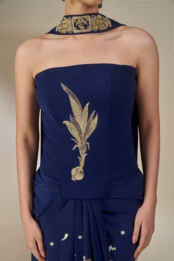 Buy_Masaba_Blue Silk, Crepe Zari Bandeau Neck Cosmic Birdsong Corset Set 