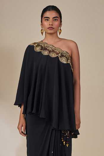 Masaba Black Crepe, Viscose Boat Neck Malabar Groove Skirt Set Online at Aza Fashions Masaba_Black Crepe, Viscose Boat Neck Malabar Groove Skirt Set _Online_at_Aza_Fashions
