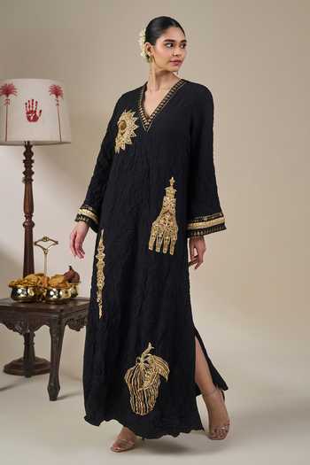 Shop_Masaba_Black Crepe V-neck Ambi Bloom Kaftan _Online_at_Aza_Fashions