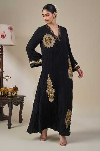 Masaba_Black Crepe V-neck Ambi Bloom Kaftan _at_Aza_Fashions