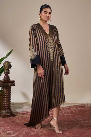 Masaba_Black Silk, Tissue V-neck Noise Asymmetric Kaftan _Online_at_Aza_Fashions