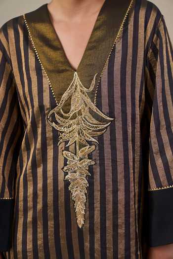 Shop_Masaba_Black Silk, Tissue V-neck Noise Asymmetric Kaftan _Online_at_Aza_Fashions