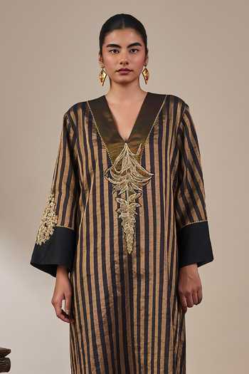 Masaba_Black Silk, Tissue V-neck Noise Asymmetric Kaftan _at_Aza_Fashions
