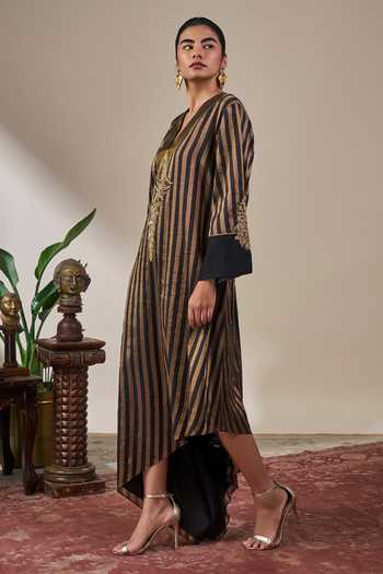 Buy_Masaba_Black Silk, Tissue V-neck Noise Asymmetric Kaftan 