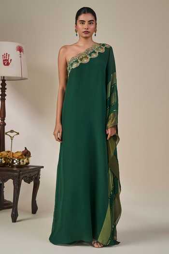 Masaba Emerald Green Silk, Organza, Crepe One Shoulder Celestial Moonfall Kaftan Online at Aza Fashions Masaba_Emerald Green Silk, Organza, Crepe One Shoulder Celestial Moonfall Kaftan _Online_at_Aza_Fashions