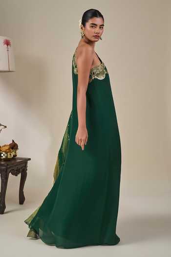 Buy Masaba Emerald Green Silk, Organza, Crepe One Shoulder Celestial Moonfall Kaftan Online at Aza Fashions Buy_Masaba_Emerald Green Silk, Organza, Crepe One Shoulder Celestial Moonfall Kaftan _Online_at_Aza_Fashions