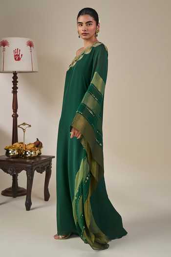 Shop Masaba Emerald Green Silk, Organza, Crepe One Shoulder Celestial Moonfall Kaftan Online at Aza Fashions Shop_Masaba_Emerald Green Silk, Organza, Crepe One Shoulder Celestial Moonfall Kaftan _Online_at_Aza_Fashions