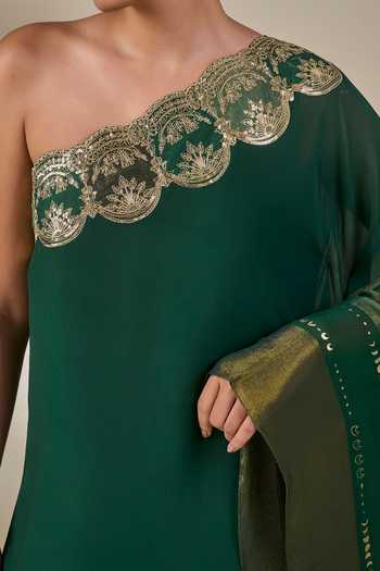 Masaba Emerald Green Silk, Organza, Crepe One Shoulder Celestial Moonfall Kaftan at Aza Fashions Masaba_Emerald Green Silk, Organza, Crepe One Shoulder Celestial Moonfall Kaftan _at_Aza_Fashions