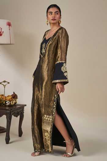 Masaba_Black Silk, Tissue, Crepe, Viscose V-neck Palm Pillar Kaftan _Online_at_Aza_Fashions