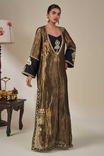 Buy_Masaba_Black Silk, Tissue, Crepe, Viscose V-neck Palm Pillar Kaftan _Online_at_Aza_Fashions