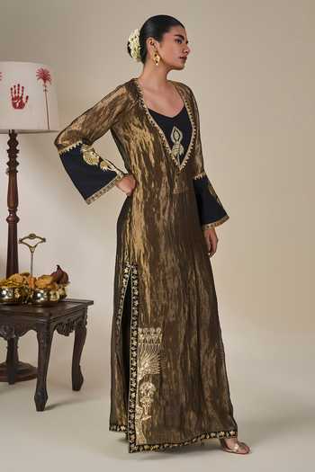 Shop_Masaba_Black Silk, Tissue, Crepe, Viscose V-neck Palm Pillar Kaftan _Online_at_Aza_Fashions