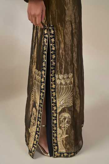 Masaba_Black Silk, Tissue, Crepe, Viscose V-neck Palm Pillar Kaftan _at_Aza_Fashions