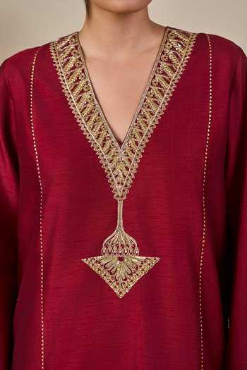 Masaba Maroon Viscose, Silk, Tissue V-neck Malabar Canopy Embroidered Kurta Set at Aza Fashions Masaba_Maroon Viscose, Silk, Tissue V-neck Malabar Canopy Embroidered Kurta Set _at_Aza_Fashions
