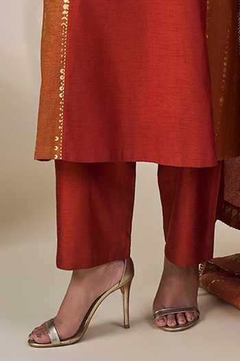 Masaba_Orange Viscose, Organza V-neck Rust Celestial Moonfall Kurta Set _Online_at_Aza_Fashions