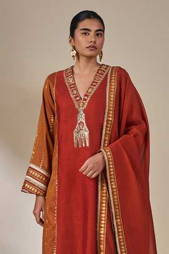 Buy_Masaba_Orange Viscose, Organza V-neck Rust Celestial Moonfall Kurta Set _Online_at_Aza_Fashions