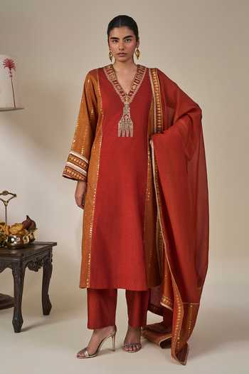 Masaba_Orange Viscose, Organza V-neck Rust Celestial Moonfall Kurta Set _at_Aza_Fashions
