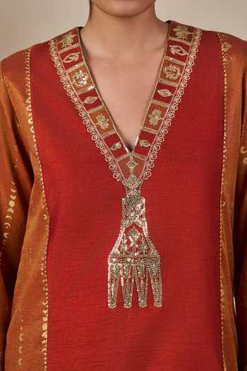 Shop_Masaba_Orange Viscose, Organza V-neck Rust Celestial Moonfall Kurta Set 