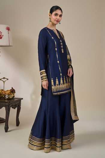 Masaba Blue Viscose, Tissue, Silk Split V-neck, Yes Heirloom Moonfall Kurta Sharara Set Online at Aza Fashions Masaba_Blue Viscose, Tissue, Silk Split V-neck, Yes Heirloom Moonfall Kurta Sharara Set _Online_at_Aza_Fashions