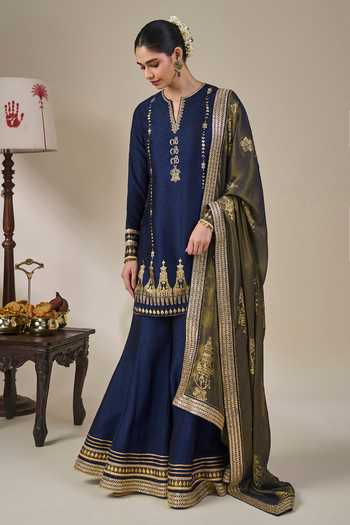 Shop Masaba Blue Viscose, Tissue, Silk Split V-neck, Yes Heirloom Moonfall Kurta Sharara Set Online at Aza Fashions Shop_Masaba_Blue Viscose, Tissue, Silk Split V-neck, Yes Heirloom Moonfall Kurta Sharara Set _Online_at_Aza_Fashions