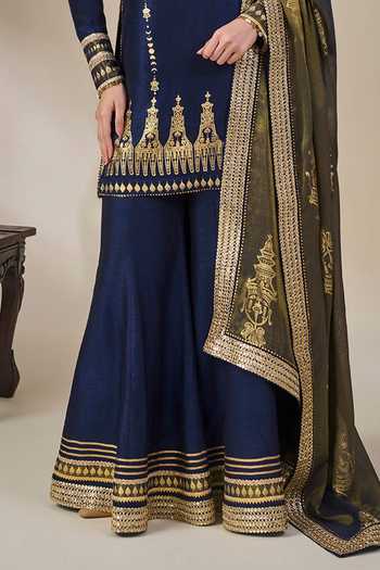 Masaba Blue Viscose, Tissue, Silk Split V-neck, Yes Heirloom Moonfall Kurta Sharara Set at Aza Fashions Masaba_Blue Viscose, Tissue, Silk Split V-neck, Yes Heirloom Moonfall Kurta Sharara Set _at_Aza_Fashions