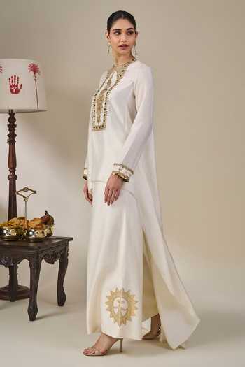 Shop_Masaba_Ivory Viscose Round Neck Kathakali Tales Asymmetric Kurta And Pant Set _Online_at_Aza_Fashions