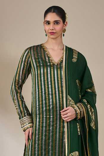 Masaba Green Silk, Tissue, Organza V-neck Kera Palm Kurta Set Online at Aza Fashions Masaba_Green Silk, Tissue, Organza V-neck Kera Palm Kurta Set _Online_at_Aza_Fashions