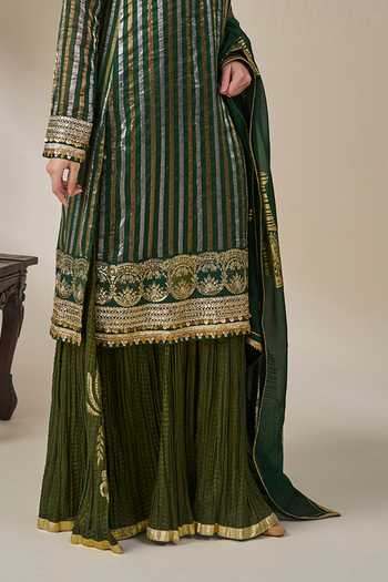 Masaba Green Silk, Tissue, Organza V-neck Kera Palm Kurta Set at Aza Fashions Masaba_Green Silk, Tissue, Organza V-neck Kera Palm Kurta Set _at_Aza_Fashions