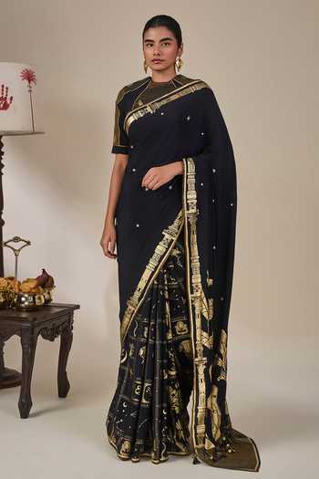 Masaba_Black Silk, Crepe High Neck Malabar Grove Saree With Unstitched Blouse Fabric _Online_at_Aza_Fashions
