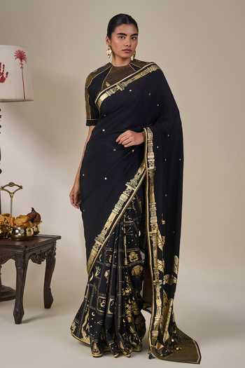 Buy_Masaba_Black Silk, Crepe High Neck Malabar Grove Saree With Unstitched Blouse Fabric _Online_at_Aza_Fashions