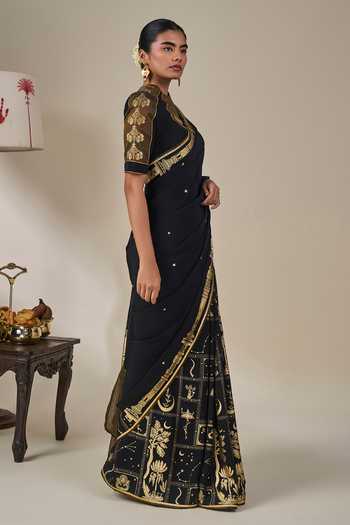 Shop_Masaba_Black Silk, Crepe High Neck Malabar Grove Saree With Unstitched Blouse Fabric _Online_at_Aza_Fashions